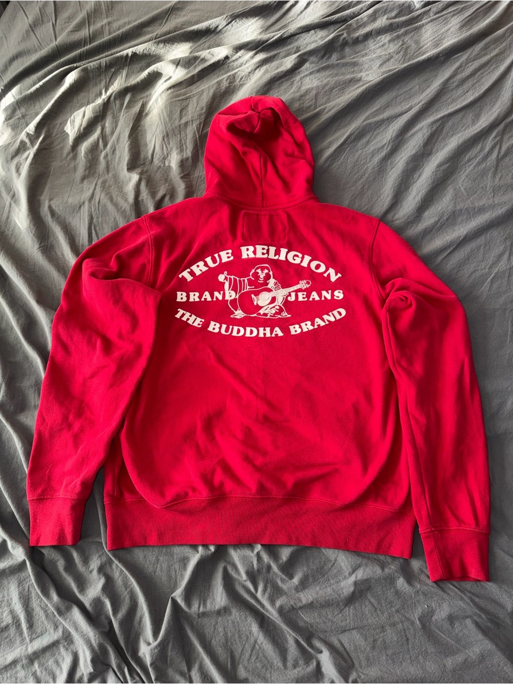 True Religion Buddha Zip Up Hoodie Red Spell Out Logo Sweatshirt Unisex M